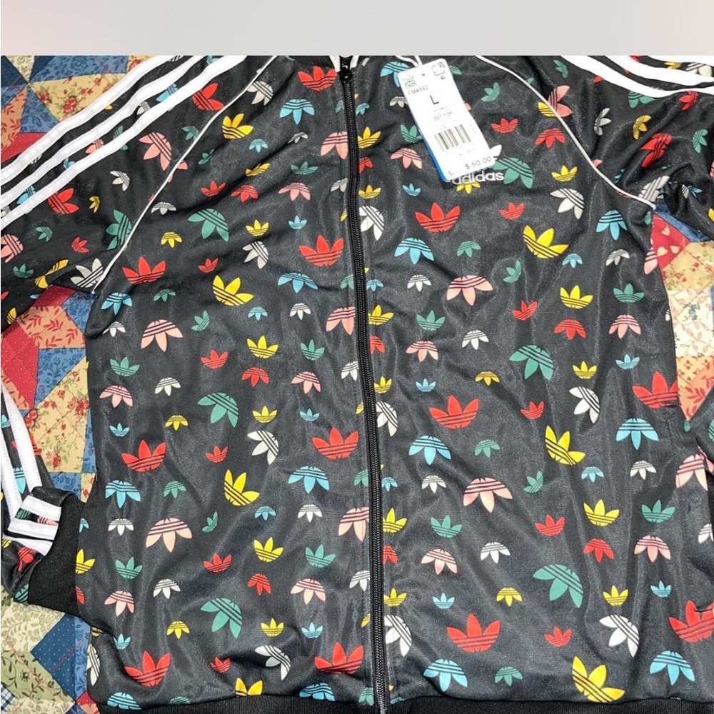 Adidas Kids Black Jacket with Colorful Trefoil Pattern